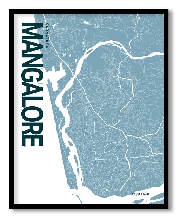Mangalore Blue Map Art, Ready to hang, Framed Wall art