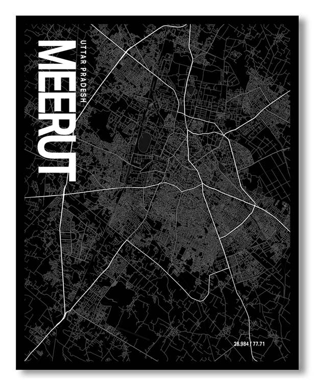 Meerut Map Art, Black & White, Poster style framed wall art