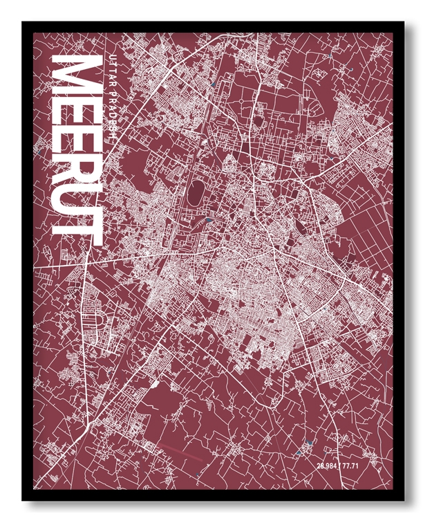 Meerut Map Art, Red & Blue, Ready to hang, Framed Wall art
