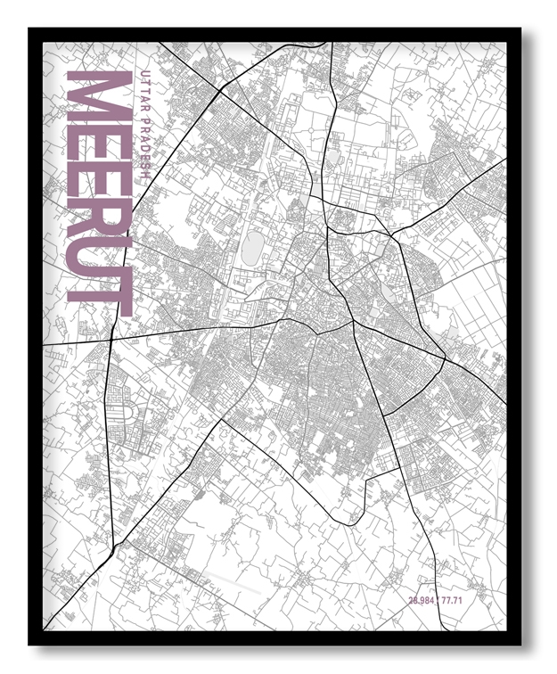 Meerut White Map Art, Poster style, Framed & Ready to hang wall art