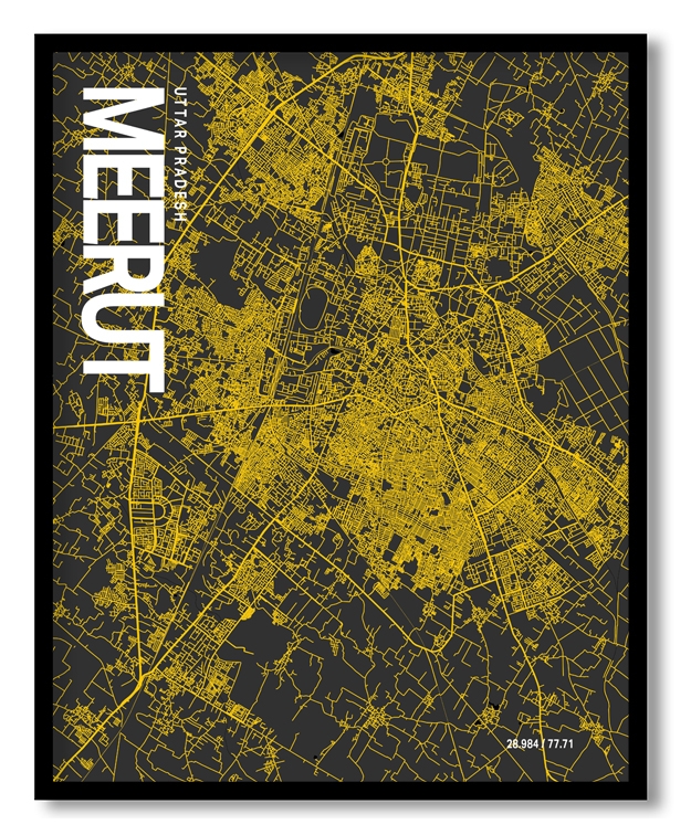 Meerut Map Art, Yellow-Black, Poster style, Framed & Ready to hang wall art