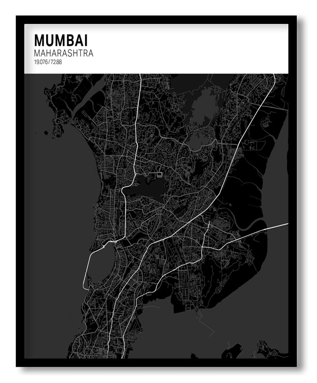 Strip above poster black map of Mumbai