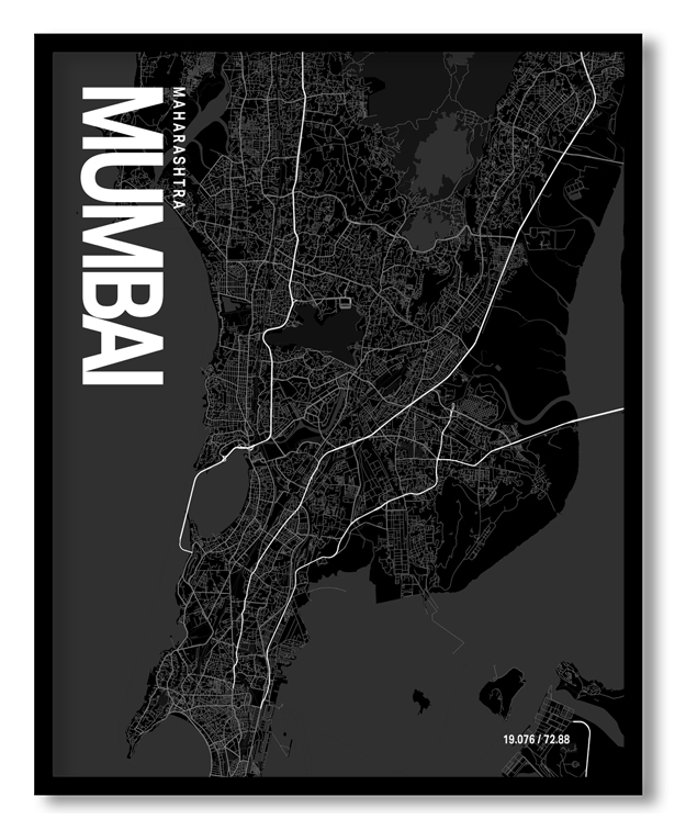 Mumbai Map Art, Black & White, Poster style framed wall art