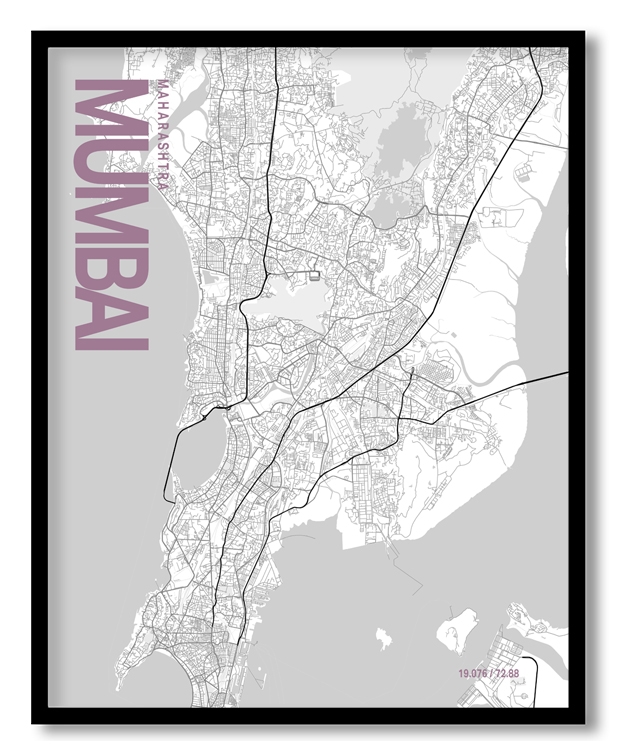 Mumbai White Map Art, Poster style, Framed & Ready to hang wall art