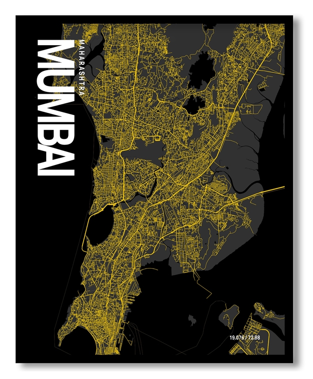 Mumbai Map Art, Yellow-Black, Poster style, Framed & Ready to hang wall art