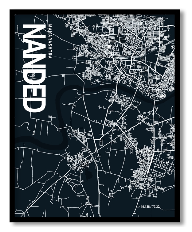 Nanded Map Art, Dark Blue poster style, Ready to hang wall art