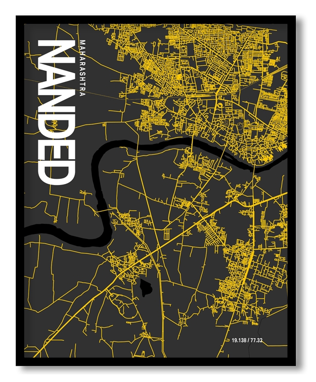 Nanded Map Art, Yellow-Black, Poster style, Framed & Ready to hang wall art