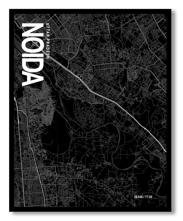 Noida Map Art, Black & White, Poster style framed wall art