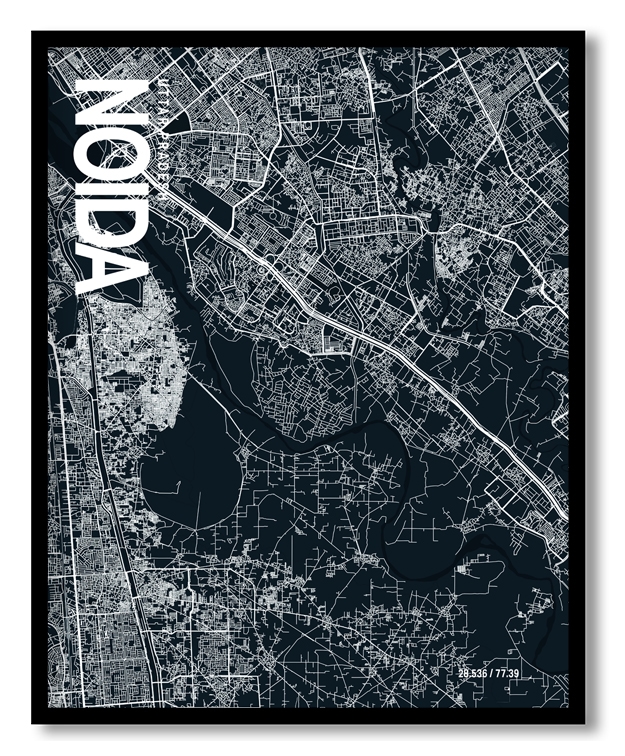 Noida Map Art, Dark Blue poster style, Ready to hang wall art