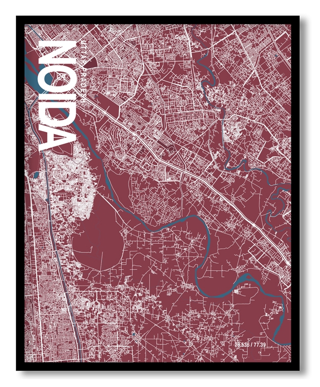 Noida Map Art, Red & Blue, Ready to hang, Framed Wall art