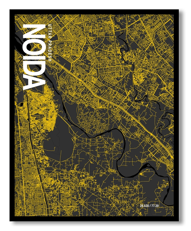 Noida Map Art, Yellow-Black, Poster style, Framed & Ready to hang wall art