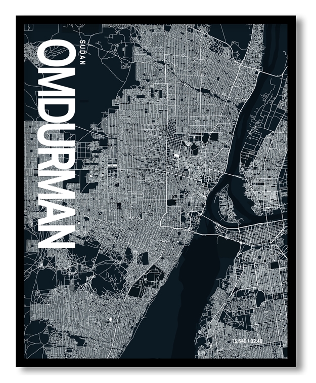 Omdurman Map Art, Dark Blue poster style, Ready to hang wall art