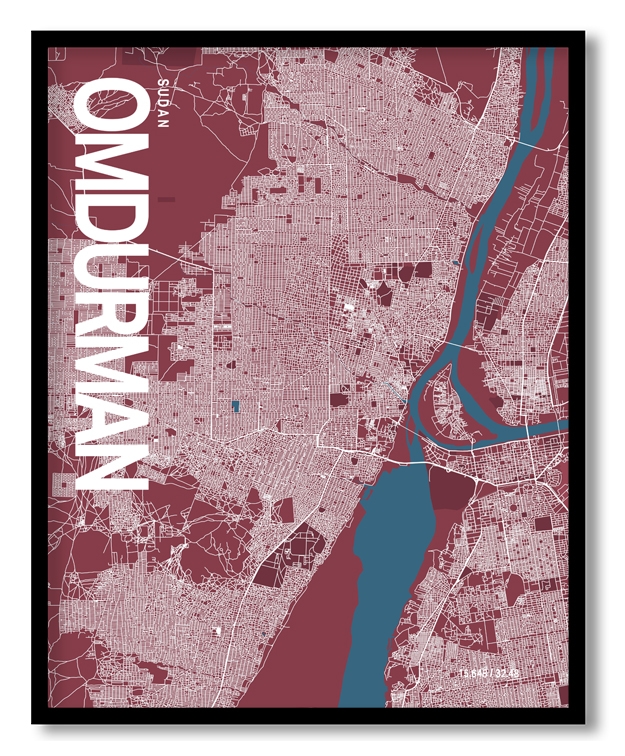 Omdurman Map Art, Red & Blue, Ready to hang, Framed Wall art