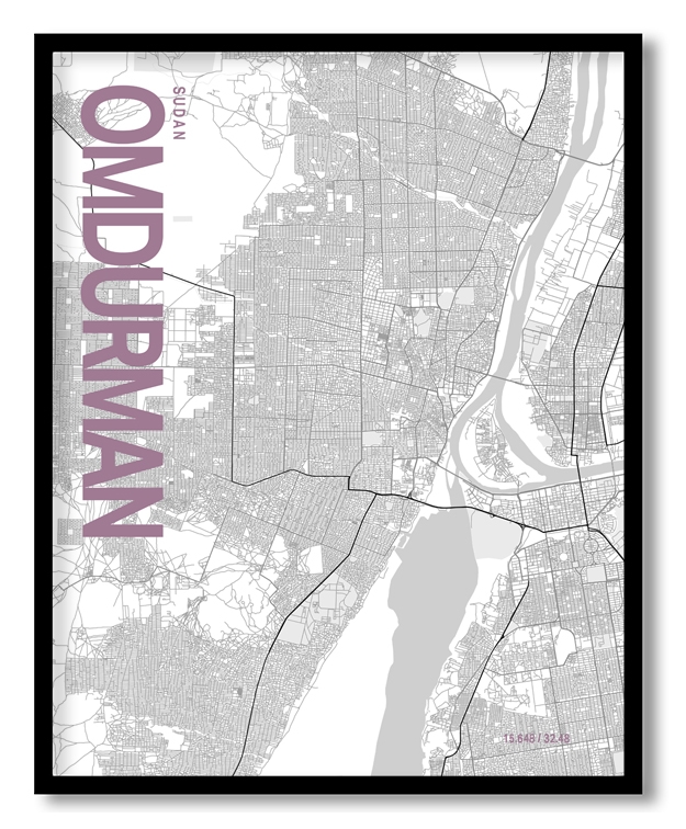 Omdurman White Map Art, Poster style, Framed & Ready to hang wall art