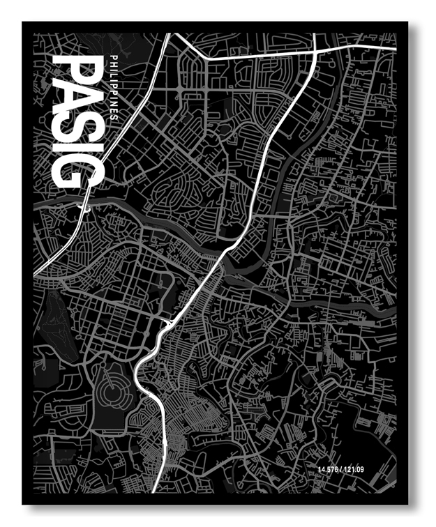 Pasig Map Art, Black & White, Poster style framed wall art