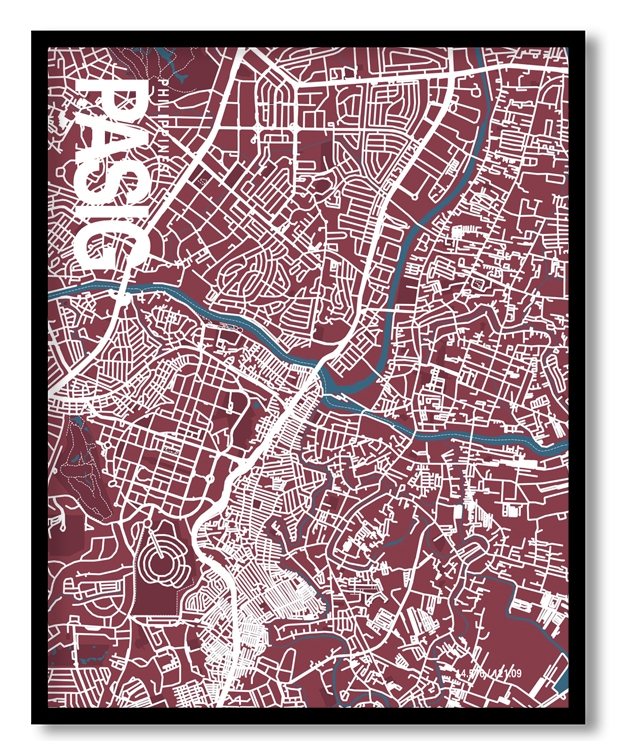 Pasig Map Art, Red & Blue, Ready to hang, Framed Wall art