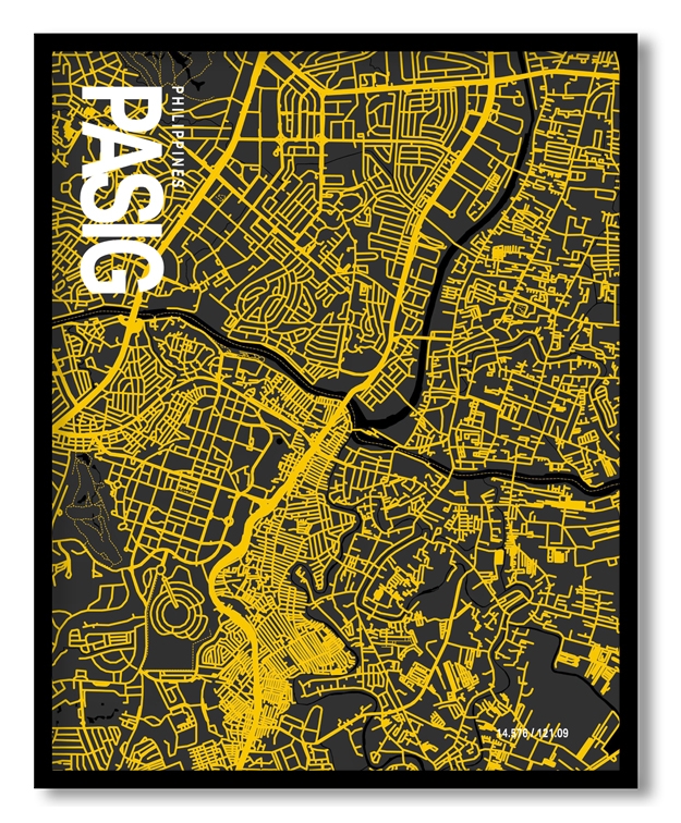 Pasig Map Art, Yellow-Black, Poster style, Framed & Ready to hang wall art