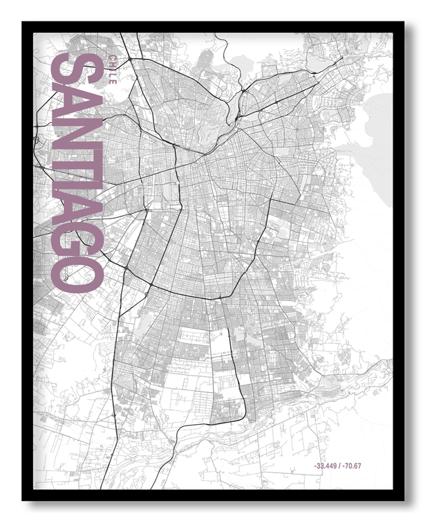 Santiago White Map Art, Poster style, Framed & Ready to hang wall art