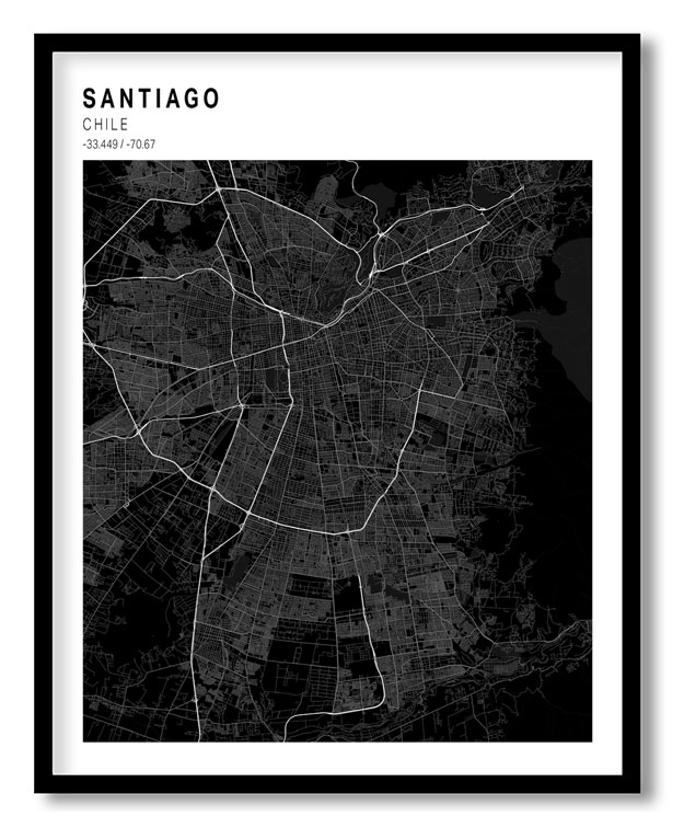 Pantone above black map of Santiago