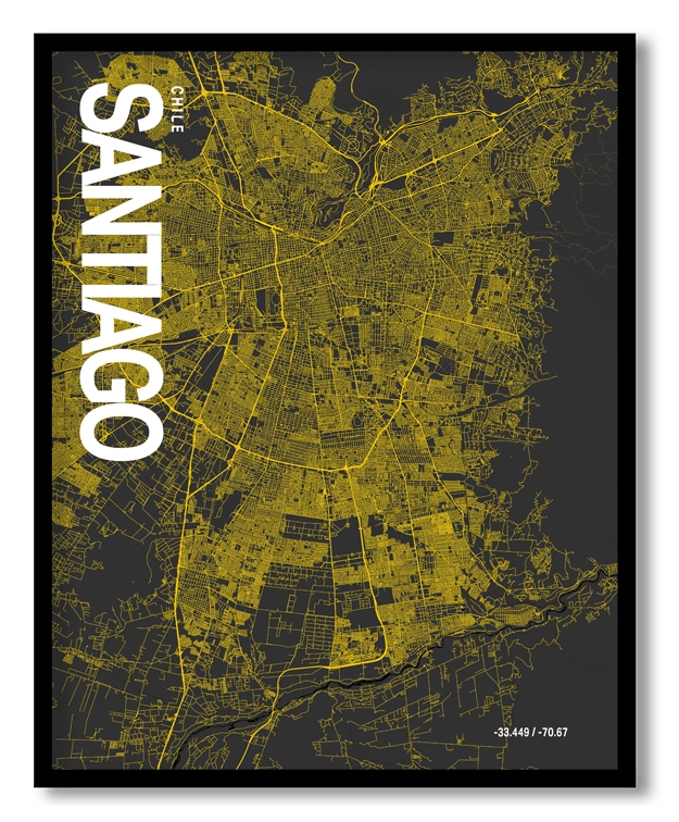 Santiago Map Art, Yellow-Black, Poster style, Framed & Ready to hang wall art