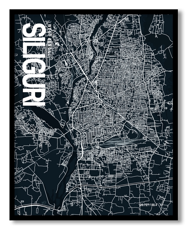 Siliguri Map Art, Dark Blue poster style, Ready to hang wall art