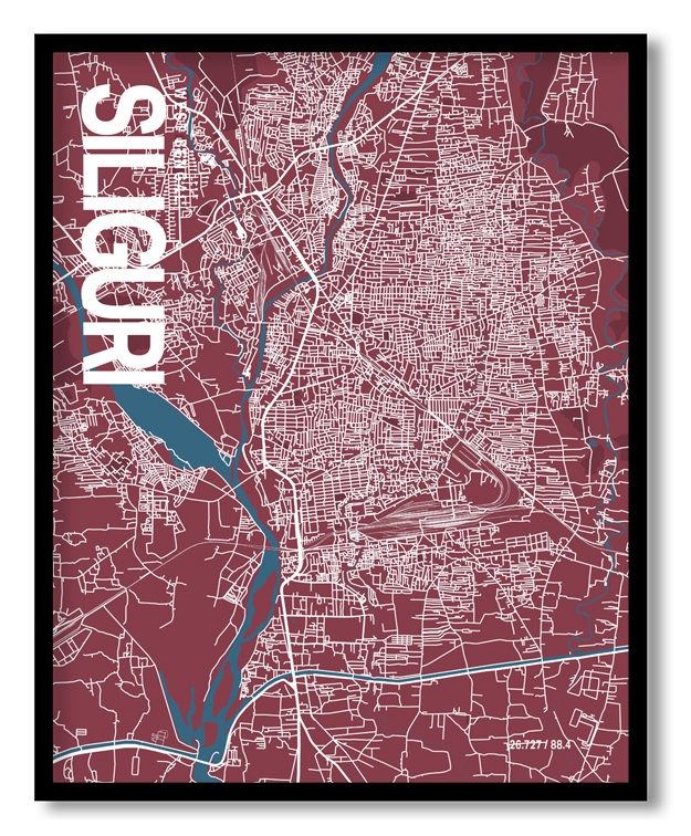 Siliguri Map Art, Red & Blue, Ready to hang, Framed Wall art