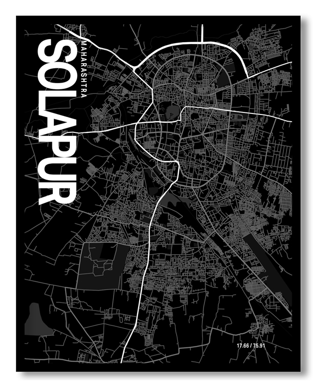 Solapur Map Art, Black & White, Poster style framed wall art