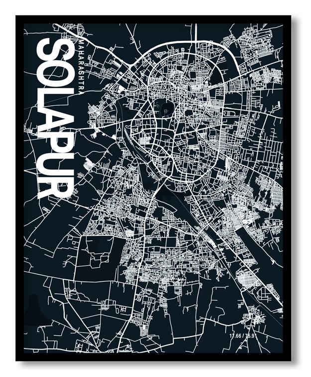 Solapur Map Art, Dark Blue poster style, Ready to hang wall art