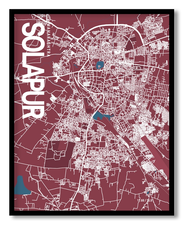 Solapur Map Art, Red & Blue, Ready to hang, Framed Wall art