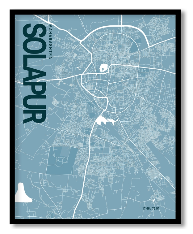 Solapur Blue Map Art, Ready to hang, Framed Wall art