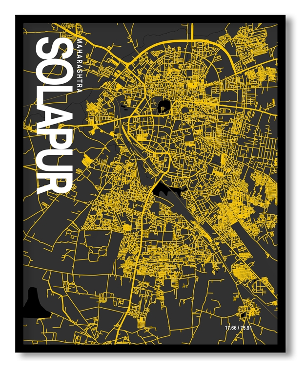 Solapur Map Art, Yellow-Black, Poster style, Framed & Ready to hang wall art