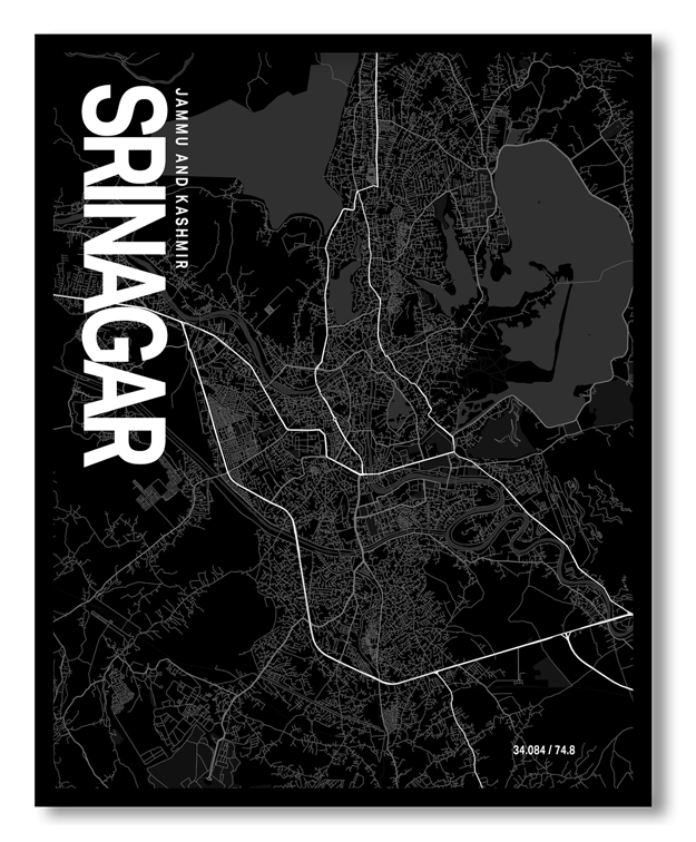 Srinagar Map Art, Black & White, Poster style framed wall art
