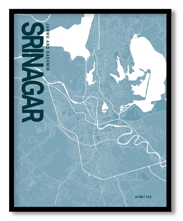 Srinagar Blue Map Art, Ready to hang, Framed Wall art