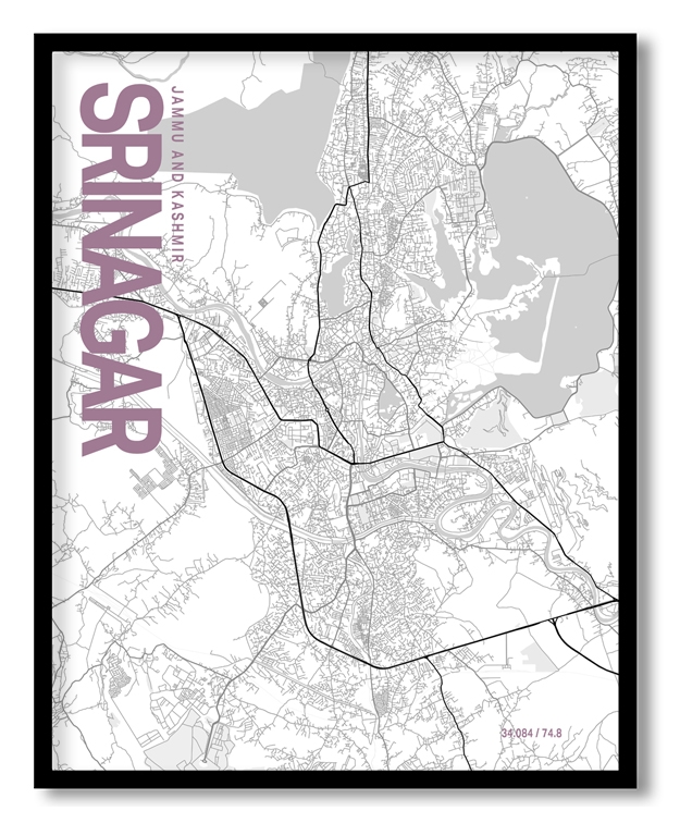 Srinagar White Map Art, Poster style, Framed & Ready to hang wall art