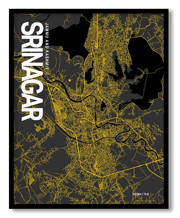 Srinagar Map Art, Yellow-Black, Poster style, Framed & Ready to hang wall art