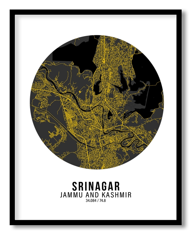 Circle poster yellow map of Srinagar