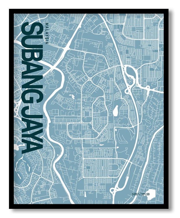 Subang Jaya Blue Map Art, Ready to hang, Framed Wall art