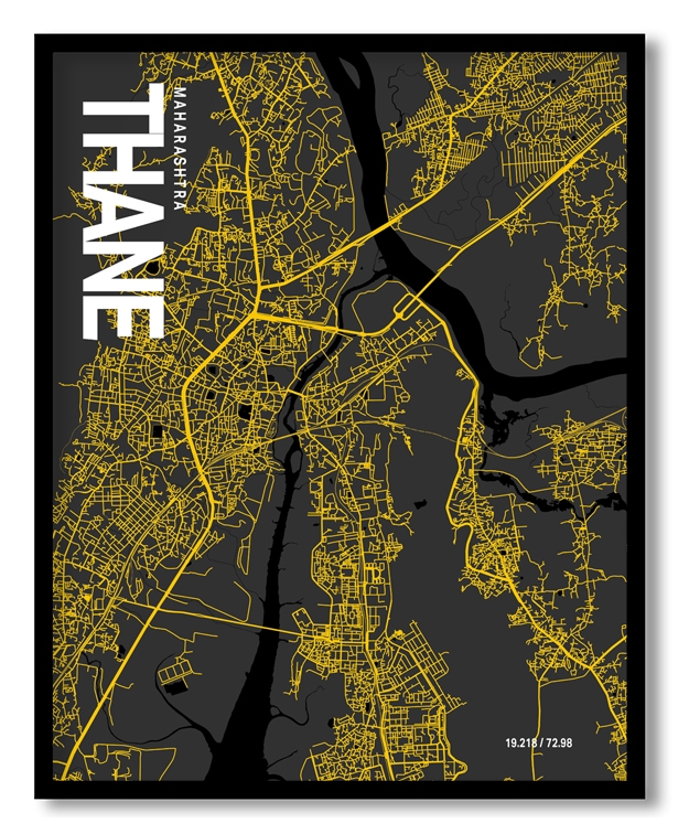 Thane Map Art, Yellow-Black, Poster style, Framed & Ready to hang wall art