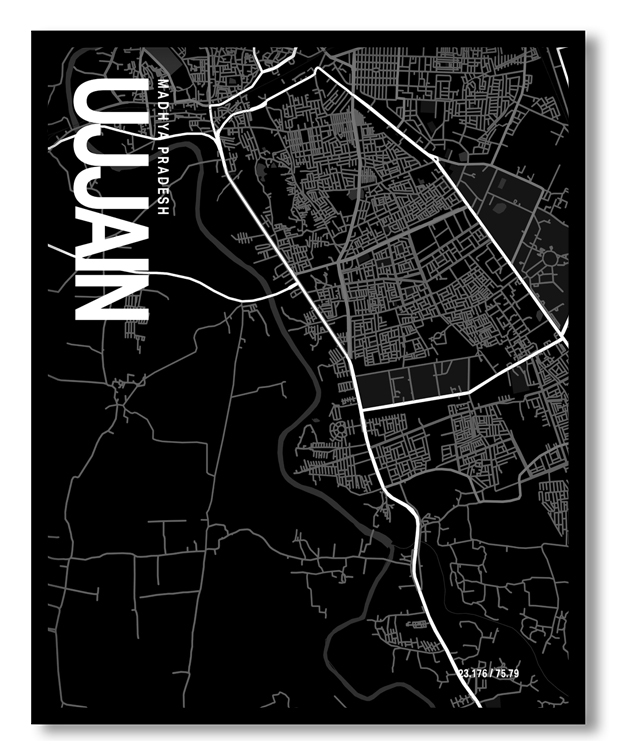 Ujjain Map Art, Black & White, Poster style framed wall art