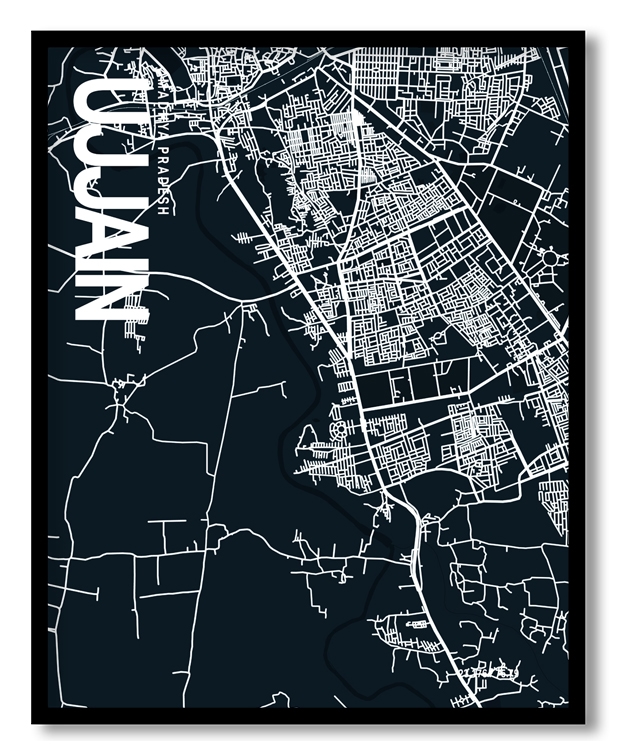 Ujjain Map Art, Dark Blue poster style, Ready to hang wall art