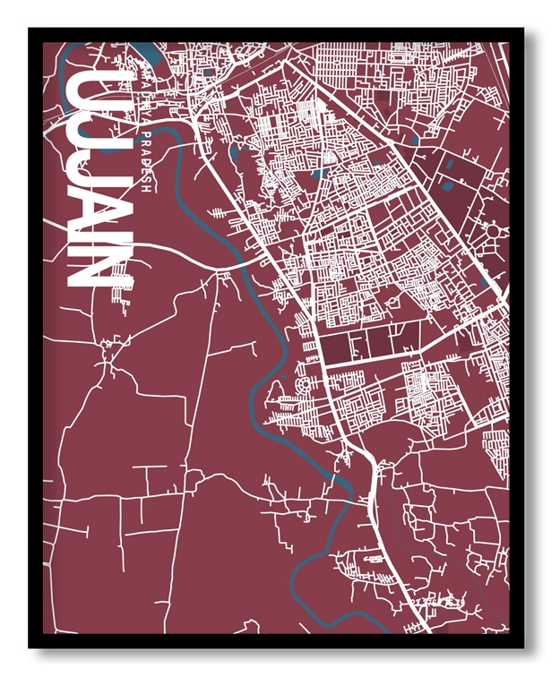 Ujjain Map Art, Red & Blue, Ready to hang, Framed Wall art