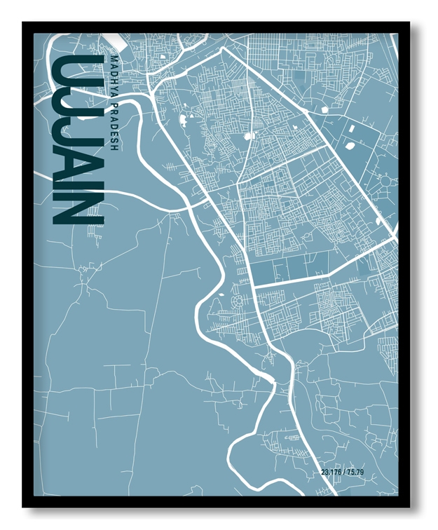 Ujjain Blue Map Art, Poster style, Framed & Ready to hang wall art