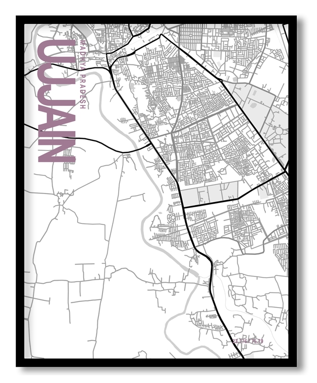 Ujjain White Map Art, Poster style, Framed & Ready to hang wall art