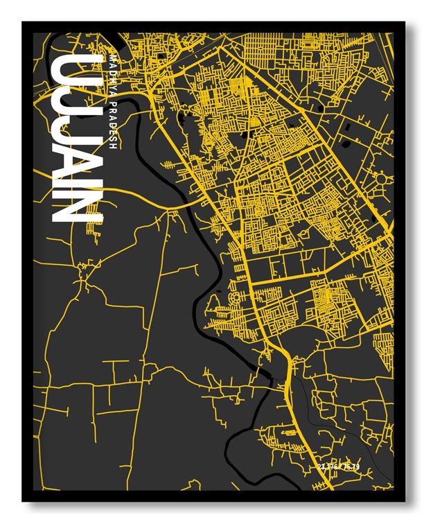 Ujjain Map Art, Yellow-Black, Poster style, Framed & Ready to hang wall art