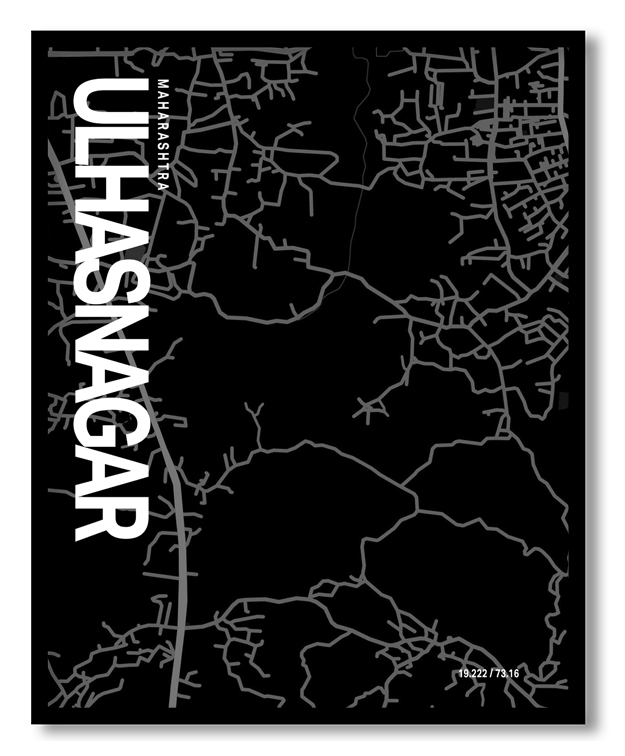 Ulhasnagar Map Art, Black & White, Poster style framed wall art