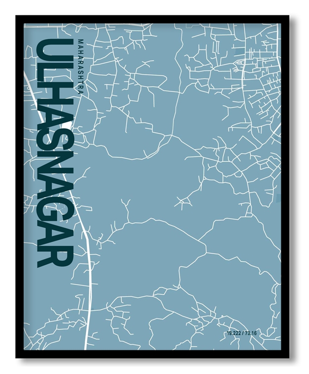 Ulhasnagar Blue Map Art, Poster style, Framed & Ready to hang wall art