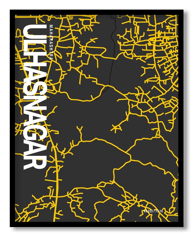 Ulhasnagar Map Art, Yellow-Black, Poster style, Framed & Ready to hang wall art