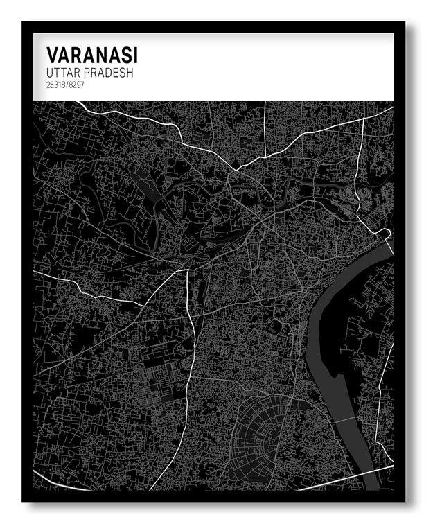 Strip above poster black map of Varanasi