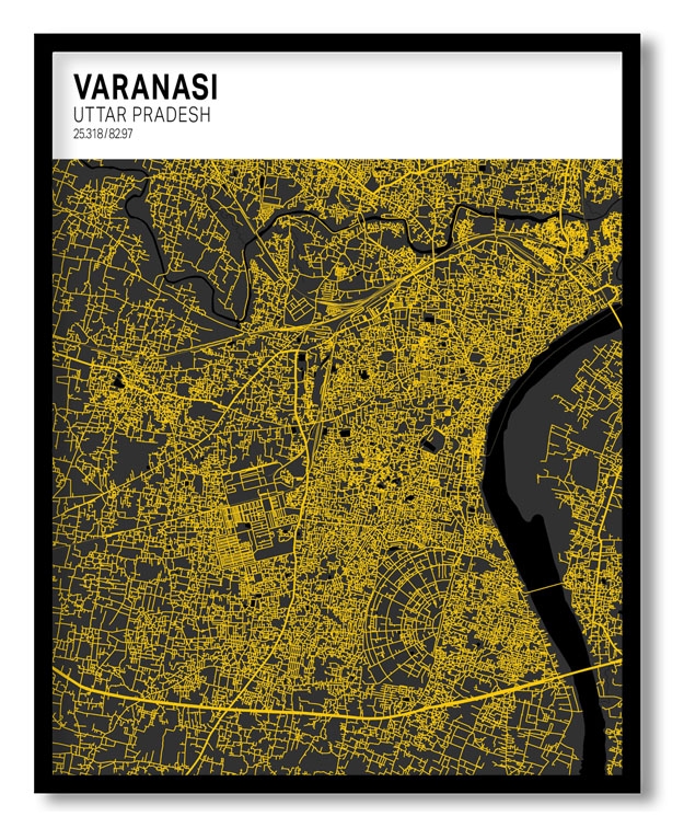 Strip above poster white map of Varanasi