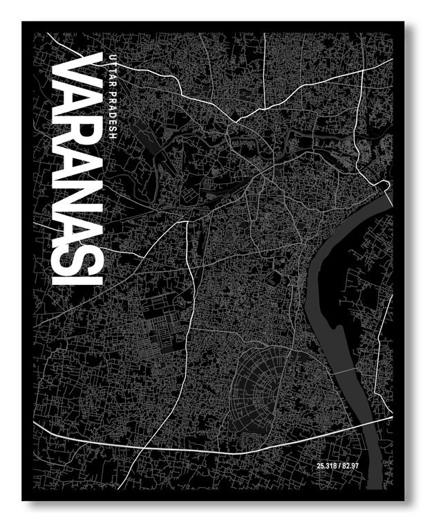 Varanasi Map Art, Black & White, Poster style framed wall art